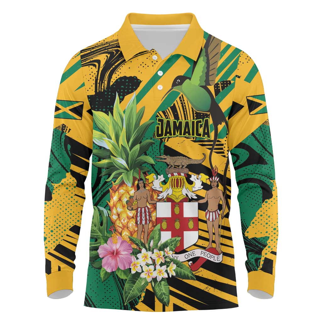 Personalized Jamaica Red-billed Streamertail Long Sleeve Polo Shirt Pineapple Tropical Style - Wonder Print Shop