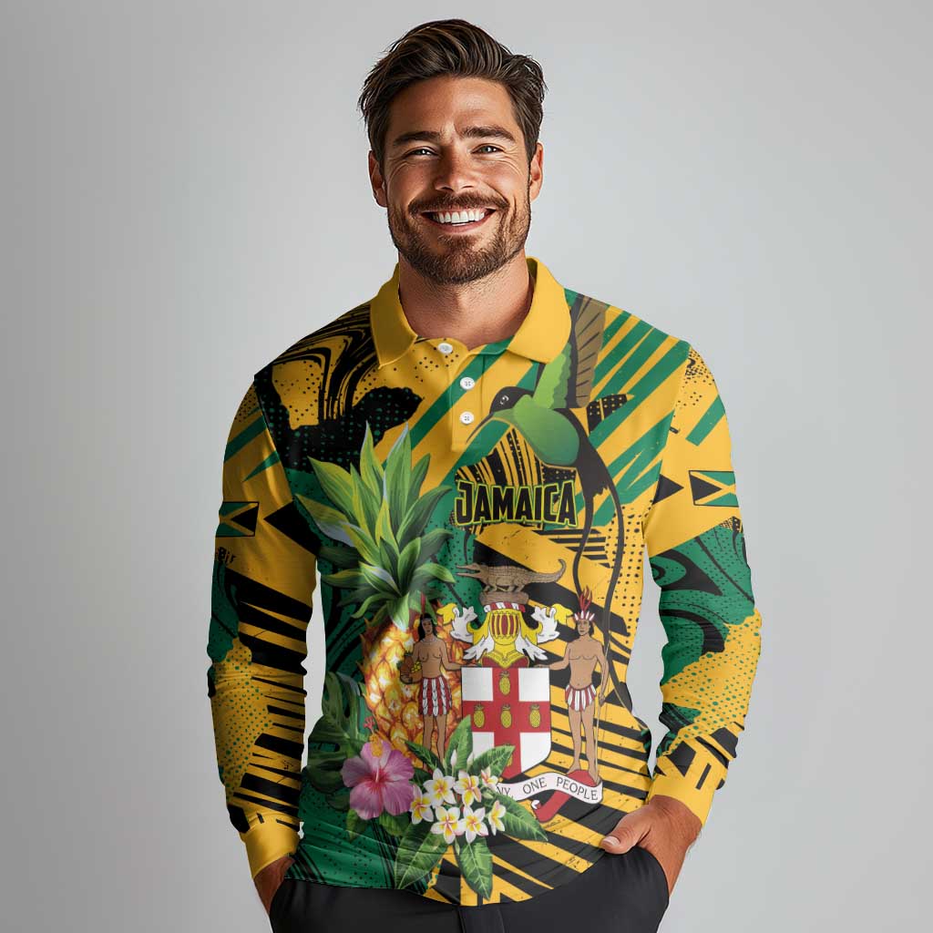 Personalized Jamaica Red-billed Streamertail Long Sleeve Polo Shirt Pineapple Tropical Style - Wonder Print Shop