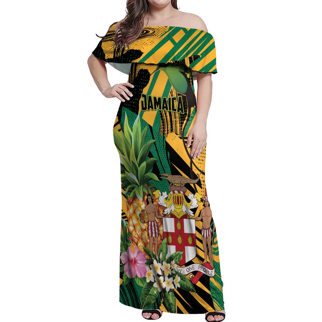 Personalized Jamaica Red-billed Streamertail Off Shoulder Maxi Dress Pineapple Tropical Style - Wonder Print Shop