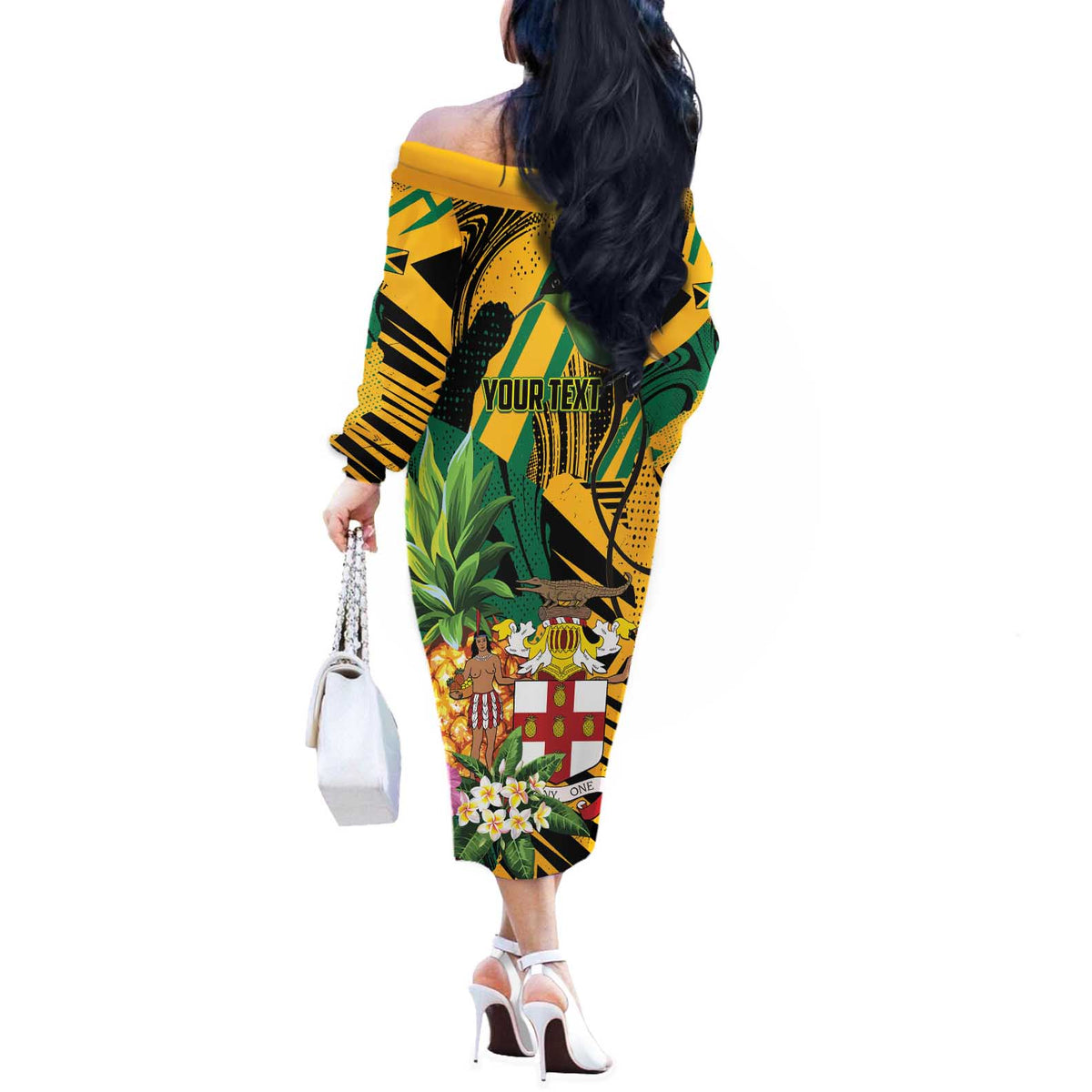 Personalized Jamaica Red-billed Streamertail Off The Shoulder Long Sleeve Dress Pineapple Tropical Style - Wonder Print Shop