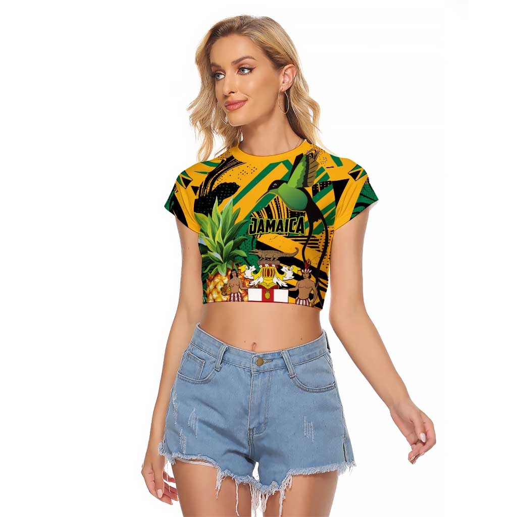 Personalized Jamaica Red-billed Streamertail Raglan Cropped T Shirt Pineapple Tropical Style - Wonder Print Shop