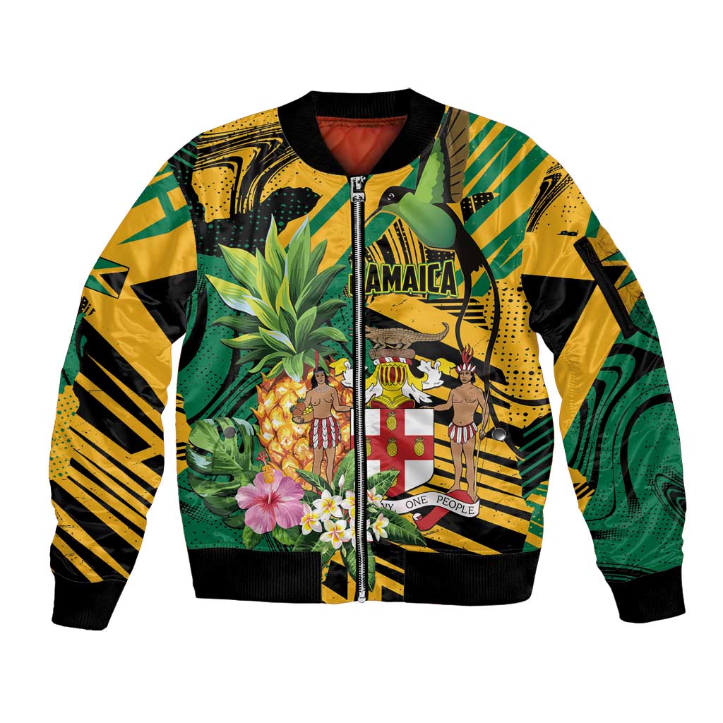 Personalized Jamaica Red-billed Streamertail Sleeve Zip Bomber Jacket Pineapple Tropical Style - Wonder Print Shop