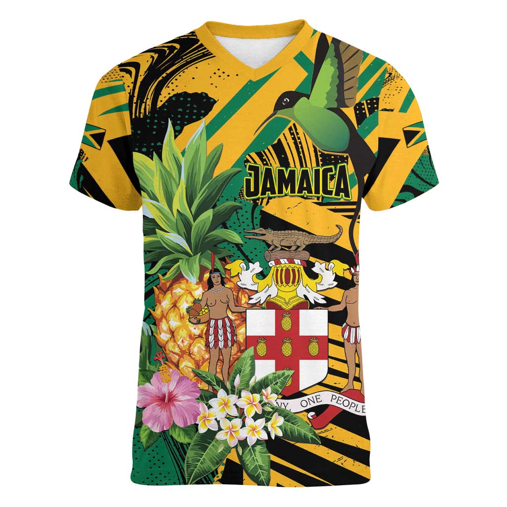 Personalized Jamaica Red-billed Streamertail Women V-Neck T-Shirt Pineapple Tropical Style - Wonder Print Shop