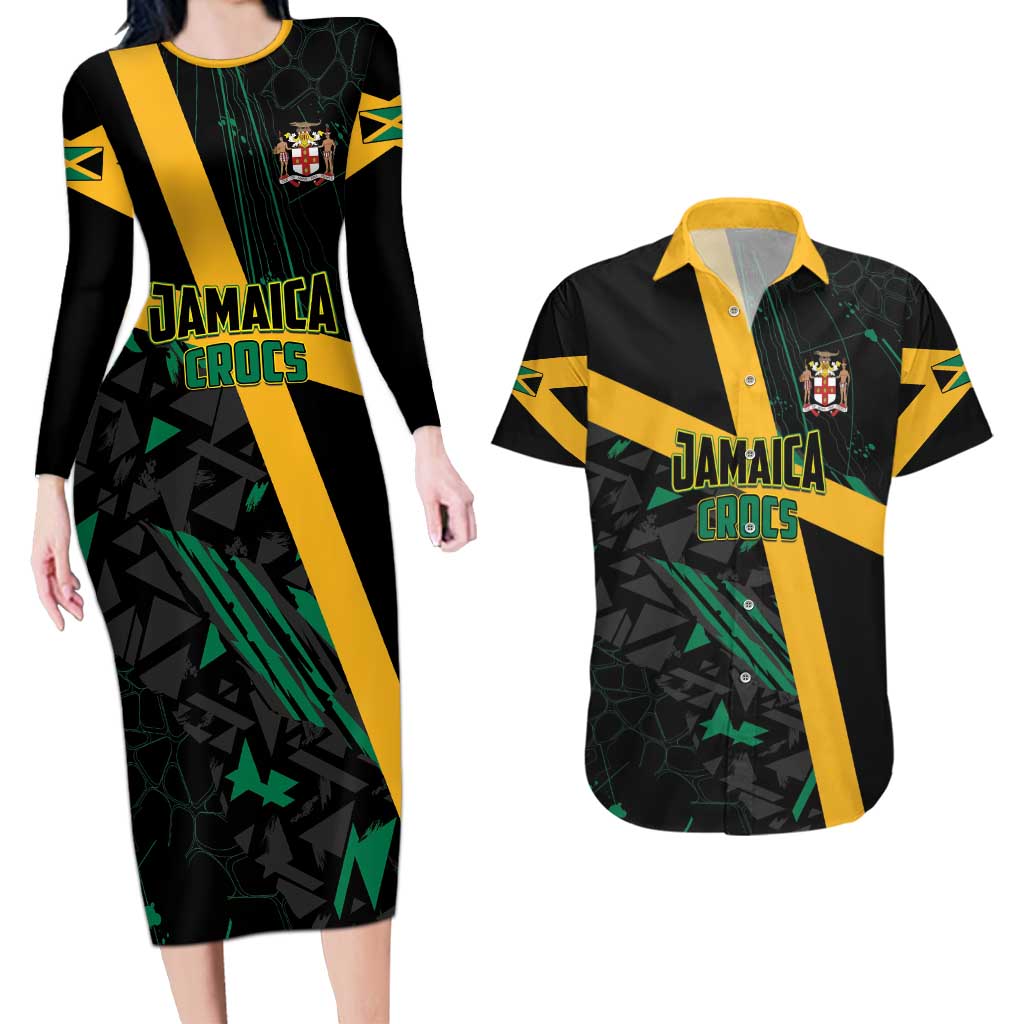 Custom Rugby Jamaica Crocs Couples Matching Long Sleeve Bodycon Dress and Hawaiian Shirt Cool Runnings on Grass - Wonder Print Shop