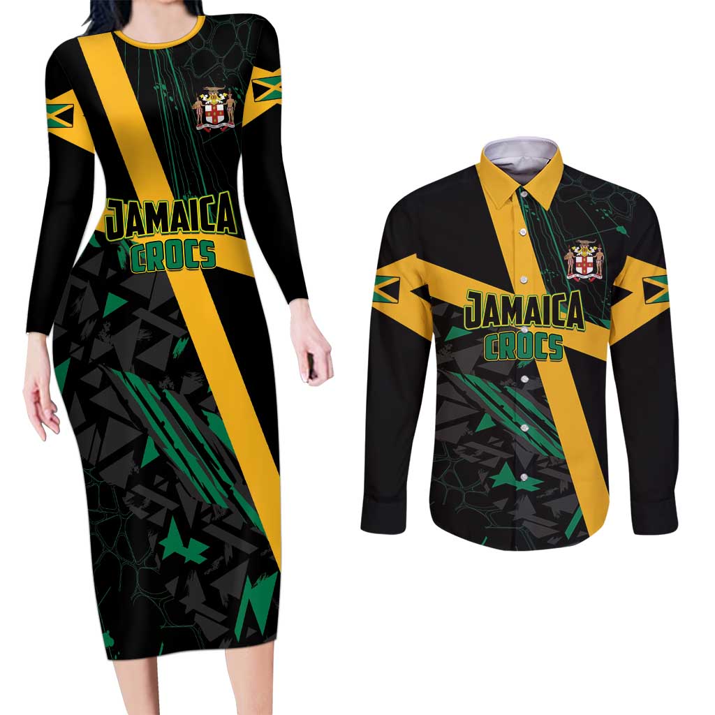 Custom Rugby Jamaica Crocs Couples Matching Long Sleeve Bodycon Dress and Long Sleeve Button Shirt Cool Runnings on Grass - Wonder Print Shop