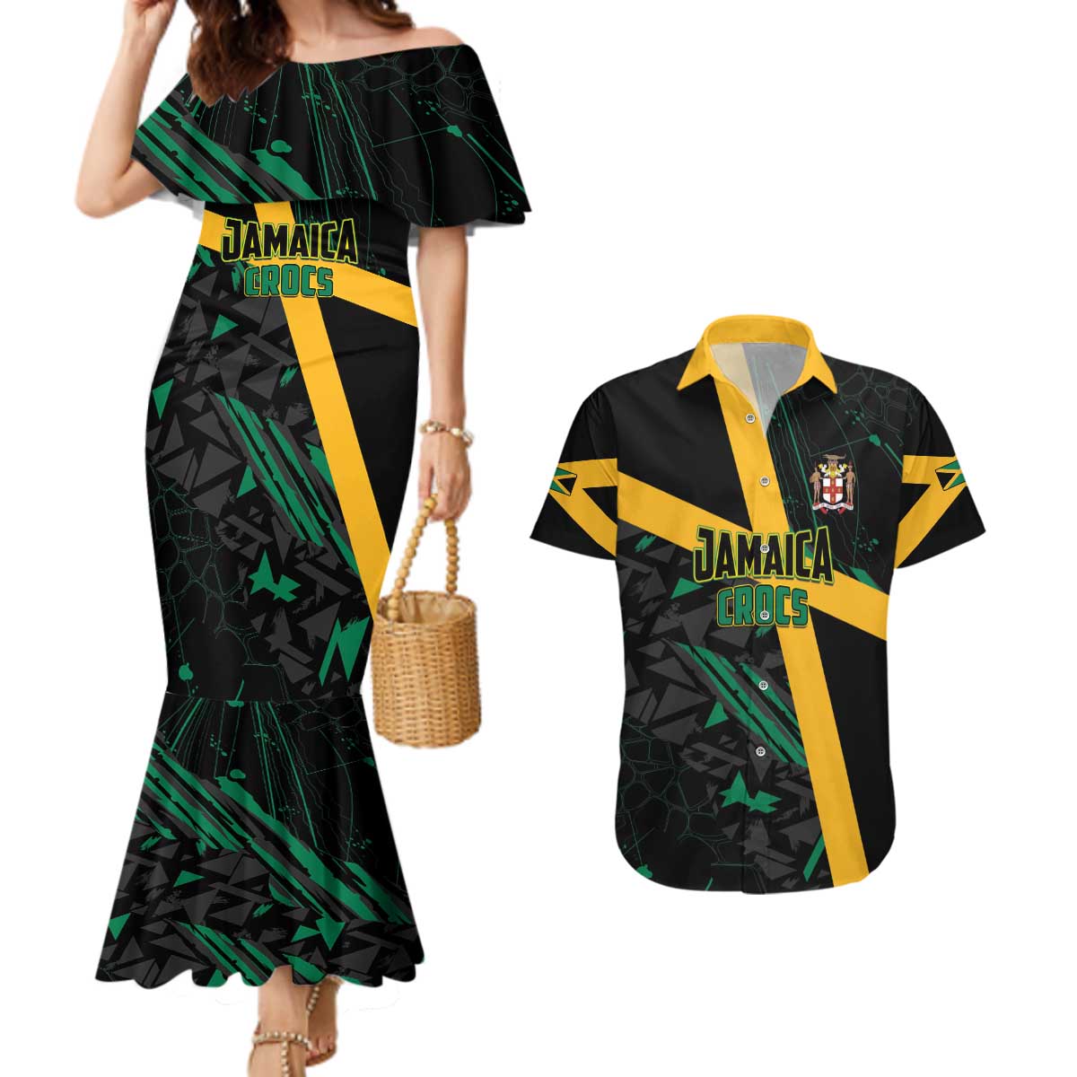 Custom Rugby Jamaica Crocs Couples Matching Mermaid Dress and Hawaiian Shirt Cool Runnings on Grass - Wonder Print Shop