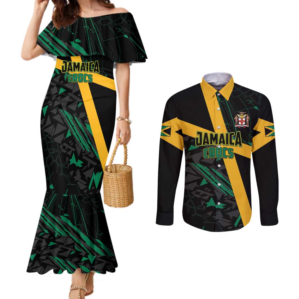 Custom Rugby Jamaica Crocs Couples Matching Mermaid Dress and Long Sleeve Button Shirt Cool Runnings on Grass - Wonder Print Shop