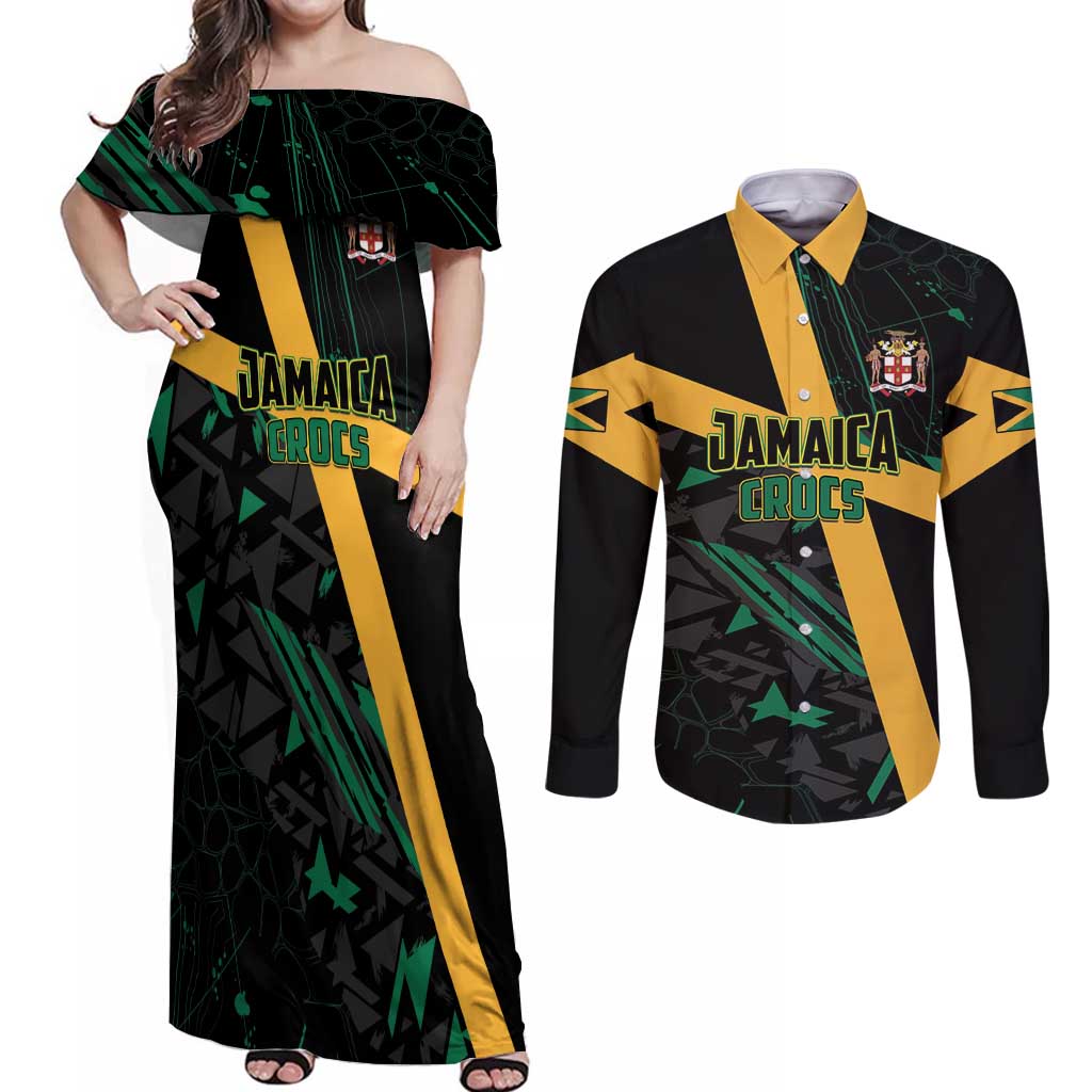 Custom Rugby Jamaica Crocs Couples Matching Off Shoulder Maxi Dress and Long Sleeve Button Shirt Cool Runnings on Grass - Wonder Print Shop