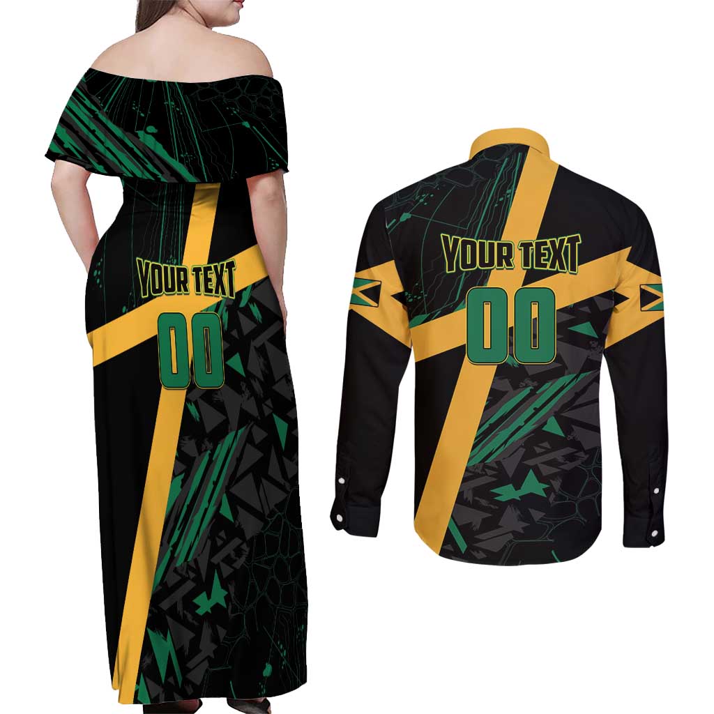 Custom Rugby Jamaica Crocs Couples Matching Off Shoulder Maxi Dress and Long Sleeve Button Shirt Cool Runnings on Grass - Wonder Print Shop