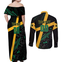 Custom Rugby Jamaica Crocs Couples Matching Off Shoulder Maxi Dress and Long Sleeve Button Shirt Cool Runnings on Grass - Wonder Print Shop