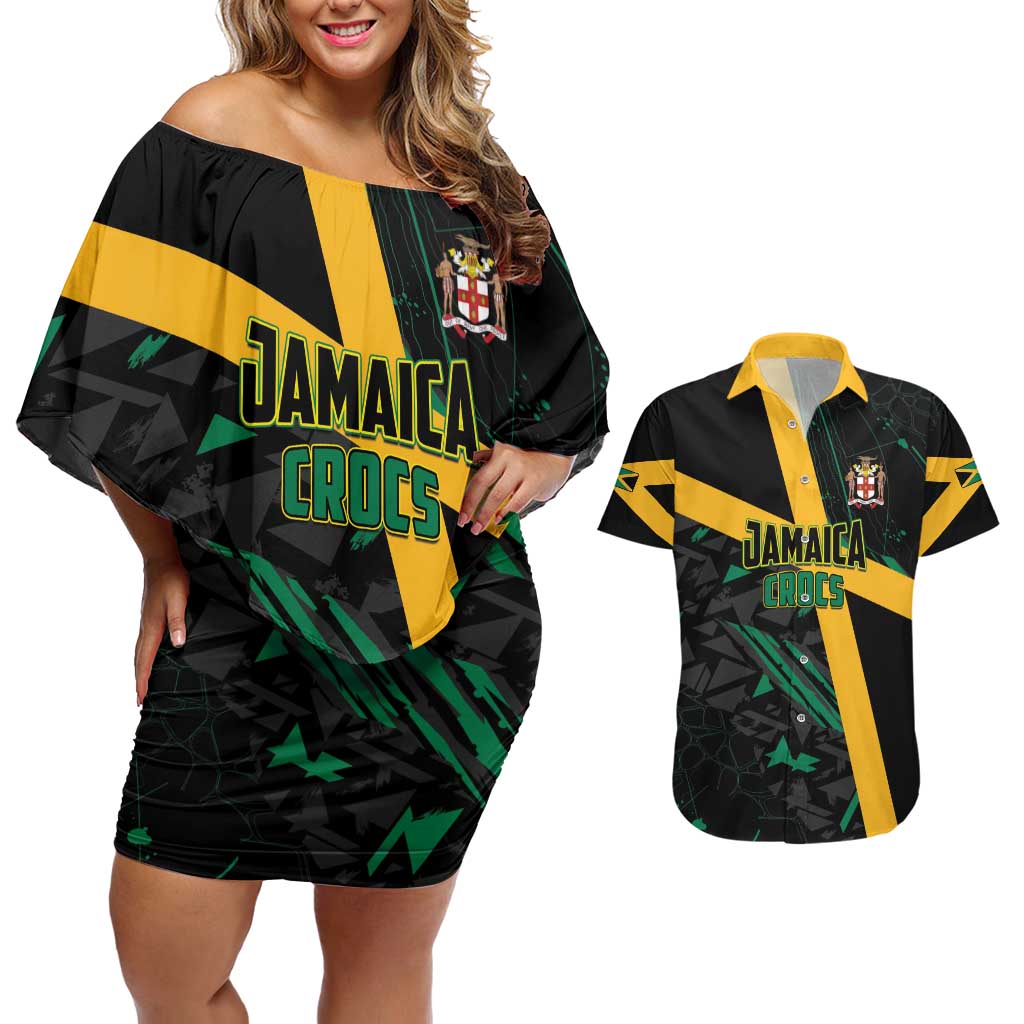 Custom Rugby Jamaica Crocs Couples Matching Off Shoulder Short Dress and Hawaiian Shirt Cool Runnings on Grass - Wonder Print Shop