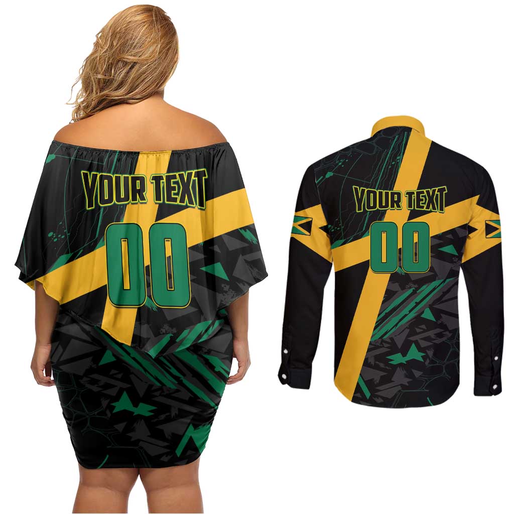 Custom Rugby Jamaica Crocs Couples Matching Off Shoulder Short Dress and Long Sleeve Button Shirt Cool Runnings on Grass - Wonder Print Shop