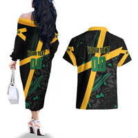 Custom Rugby Jamaica Crocs Couples Matching Off The Shoulder Long Sleeve Dress and Hawaiian Shirt Cool Runnings on Grass - Wonder Print Shop