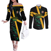 Custom Rugby Jamaica Crocs Couples Matching Off The Shoulder Long Sleeve Dress and Long Sleeve Button Shirt Cool Runnings on Grass - Wonder Print Shop