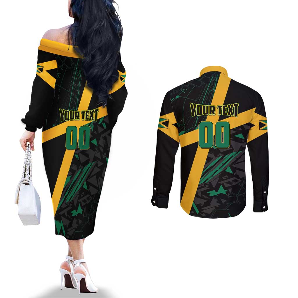 Custom Rugby Jamaica Crocs Couples Matching Off The Shoulder Long Sleeve Dress and Long Sleeve Button Shirt Cool Runnings on Grass - Wonder Print Shop
