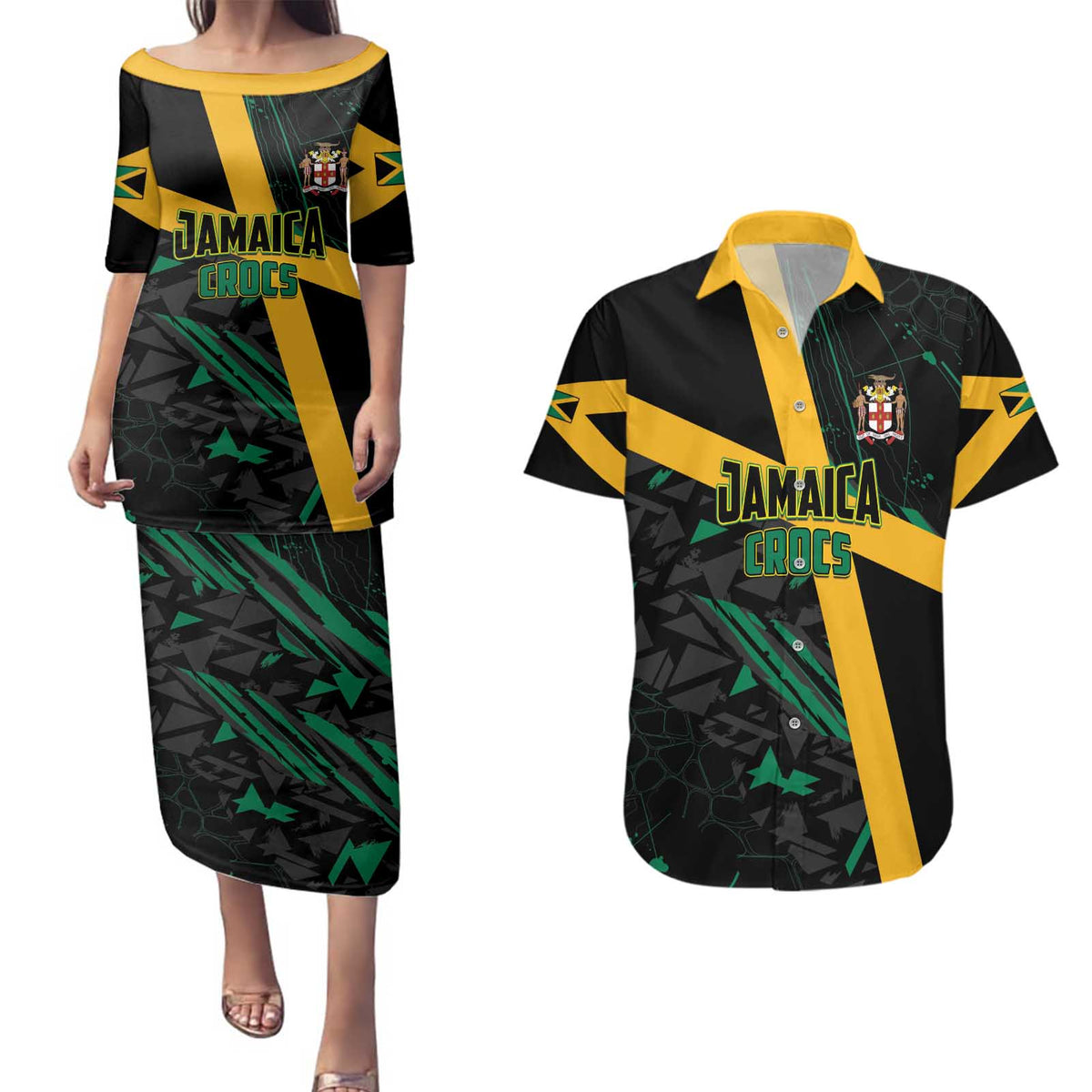 Custom Rugby Jamaica Crocs Couples Matching Puletasi and Hawaiian Shirt Cool Runnings on Grass - Wonder Print Shop