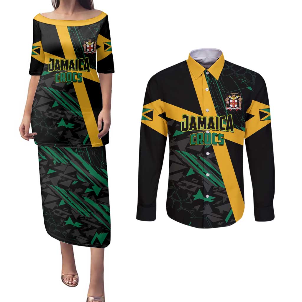 Custom Rugby Jamaica Crocs Couples Matching Puletasi and Long Sleeve Button Shirt Cool Runnings on Grass - Wonder Print Shop