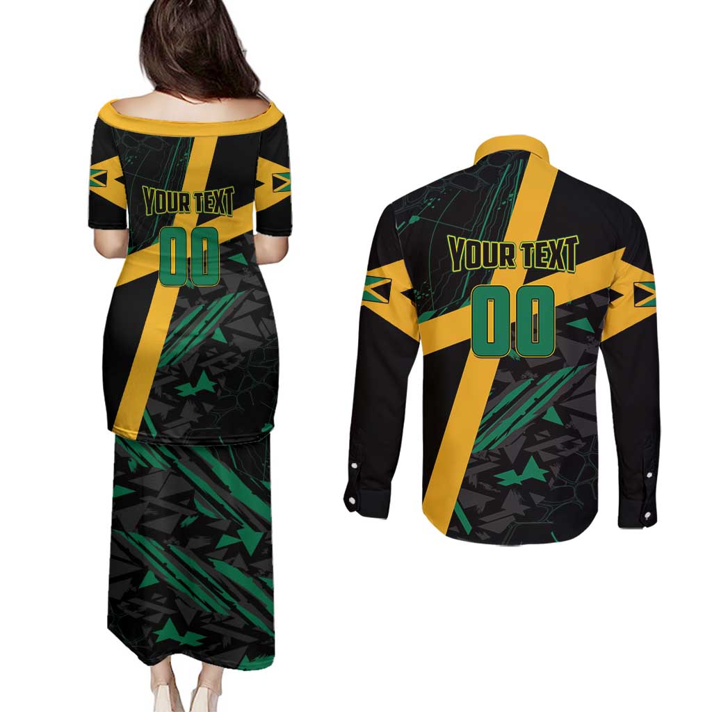 Custom Rugby Jamaica Crocs Couples Matching Puletasi and Long Sleeve Button Shirt Cool Runnings on Grass - Wonder Print Shop