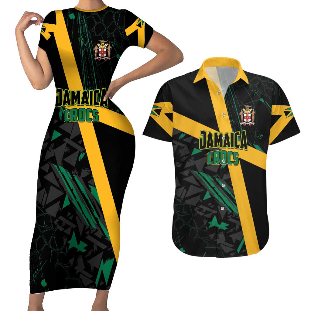 Custom Rugby Jamaica Crocs Couples Matching Short Sleeve Bodycon Dress and Hawaiian Shirt Cool Runnings on Grass - Wonder Print Shop