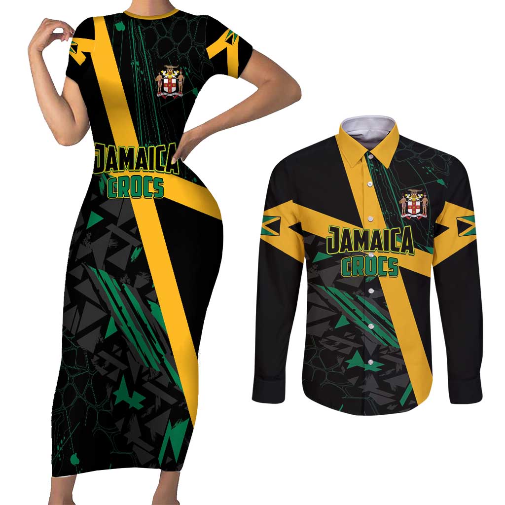 Custom Rugby Jamaica Crocs Couples Matching Short Sleeve Bodycon Dress and Long Sleeve Button Shirt Cool Runnings on Grass - Wonder Print Shop