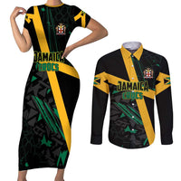 Custom Rugby Jamaica Crocs Couples Matching Short Sleeve Bodycon Dress and Long Sleeve Button Shirt Cool Runnings on Grass - Wonder Print Shop
