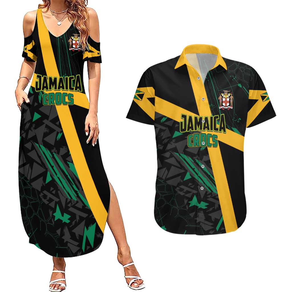 Custom Rugby Jamaica Crocs Couples Matching Summer Maxi Dress and Hawaiian Shirt Cool Runnings on Grass - Wonder Print Shop