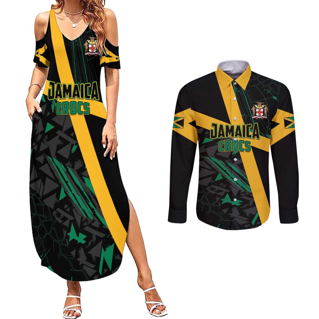 Custom Rugby Jamaica Crocs Couples Matching Summer Maxi Dress and Long Sleeve Button Shirt Cool Runnings on Grass - Wonder Print Shop