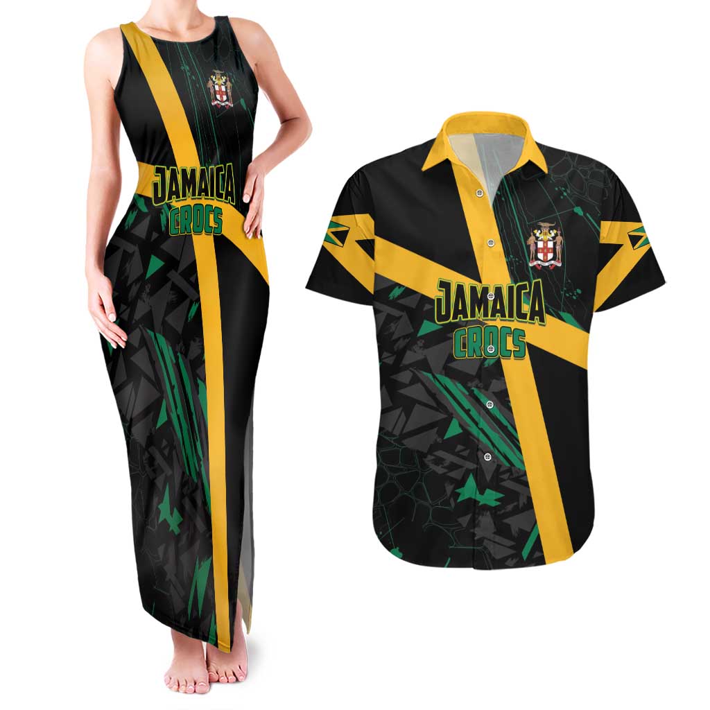 Custom Rugby Jamaica Crocs Couples Matching Tank Maxi Dress and Hawaiian Shirt Cool Runnings on Grass - Wonder Print Shop