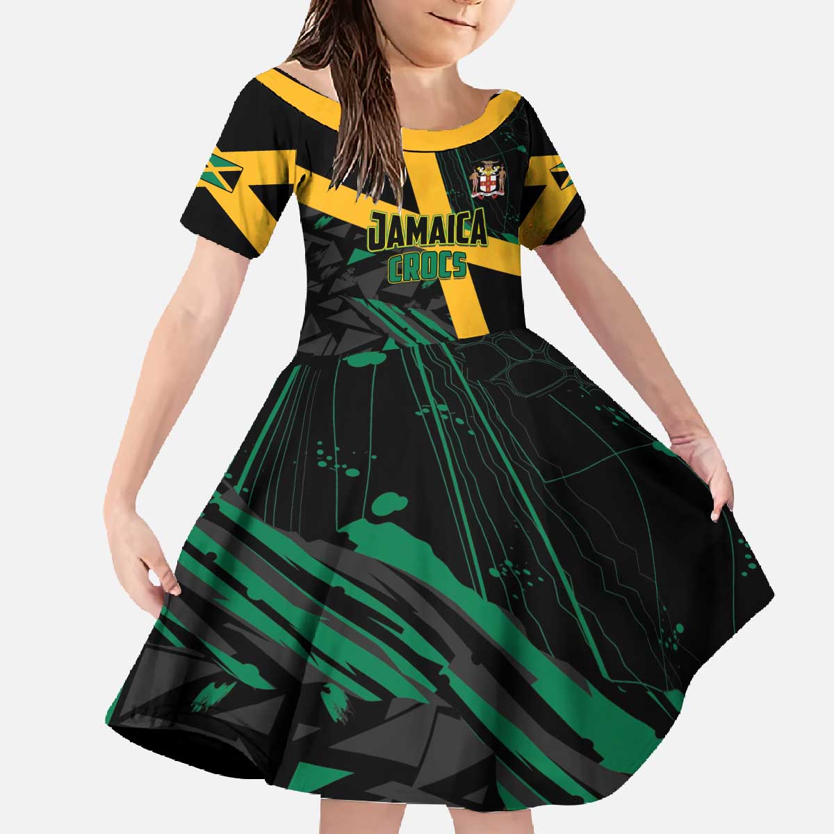 Custom Rugby Jamaica Crocs Family Matching Off The Shoulder Long Sleeve Dress and Hawaiian Shirt Cool Runnings on Grass - Wonder Print Shop