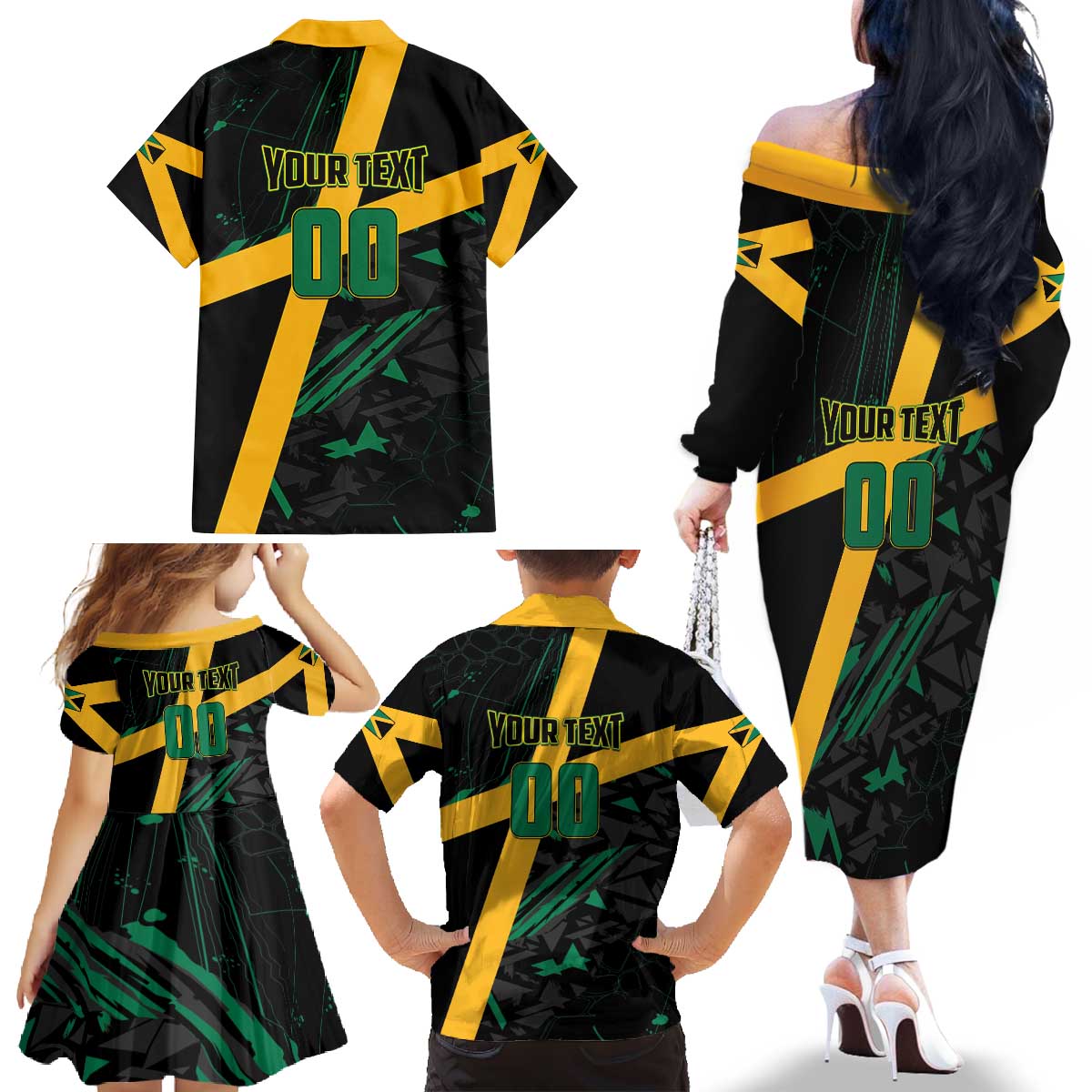 Custom Rugby Jamaica Crocs Family Matching Off The Shoulder Long Sleeve Dress and Hawaiian Shirt Cool Runnings on Grass - Wonder Print Shop