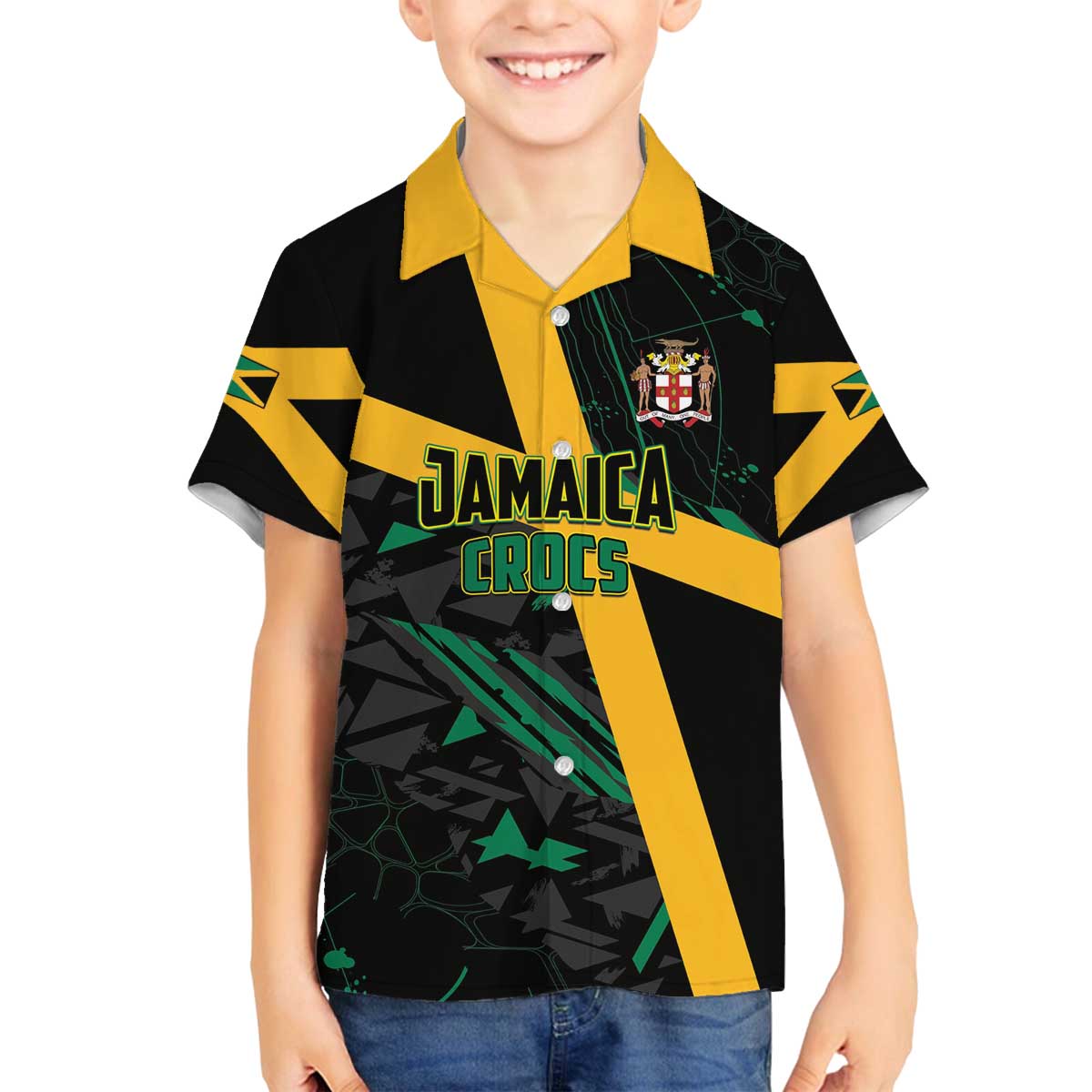 Custom Rugby Jamaica Crocs Family Matching Off The Shoulder Long Sleeve Dress and Hawaiian Shirt Cool Runnings on Grass - Wonder Print Shop