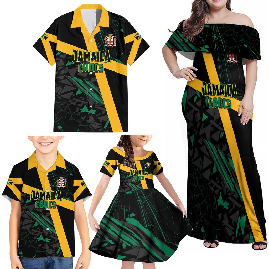 Custom Rugby Jamaica Crocs Family Matching Off Shoulder Maxi Dress and Hawaiian Shirt Cool Runnings on Grass - Wonder Print Shop