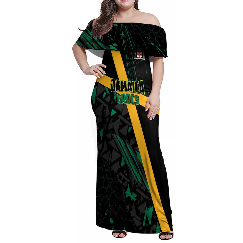 Custom Rugby Jamaica Crocs Family Matching Off Shoulder Maxi Dress and Hawaiian Shirt Cool Runnings on Grass - Wonder Print Shop