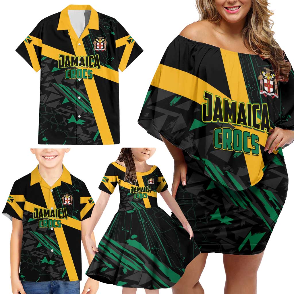 Custom Rugby Jamaica Crocs Family Matching Off Shoulder Short Dress and Hawaiian Shirt Cool Runnings on Grass - Wonder Print Shop