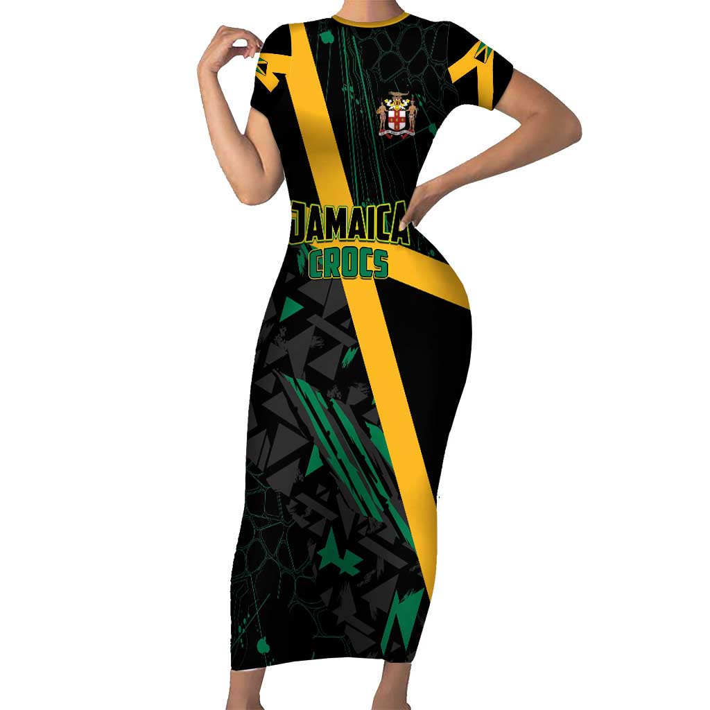 Custom Rugby Jamaica Crocs Family Matching Short Sleeve Bodycon Dress and Hawaiian Shirt Cool Runnings on Grass - Wonder Print Shop