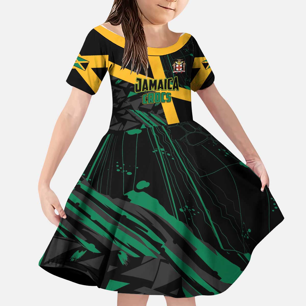 Custom Rugby Jamaica Crocs Kid Short Sleeve Dress Cool Runnings on Grass - Wonder Print Shop