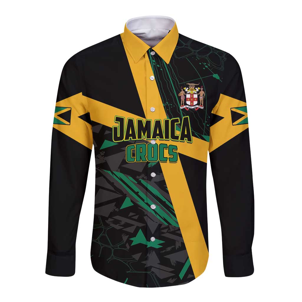 Custom Rugby Jamaica Crocs Long Sleeve Button Shirt Cool Runnings on Grass - Wonder Print Shop