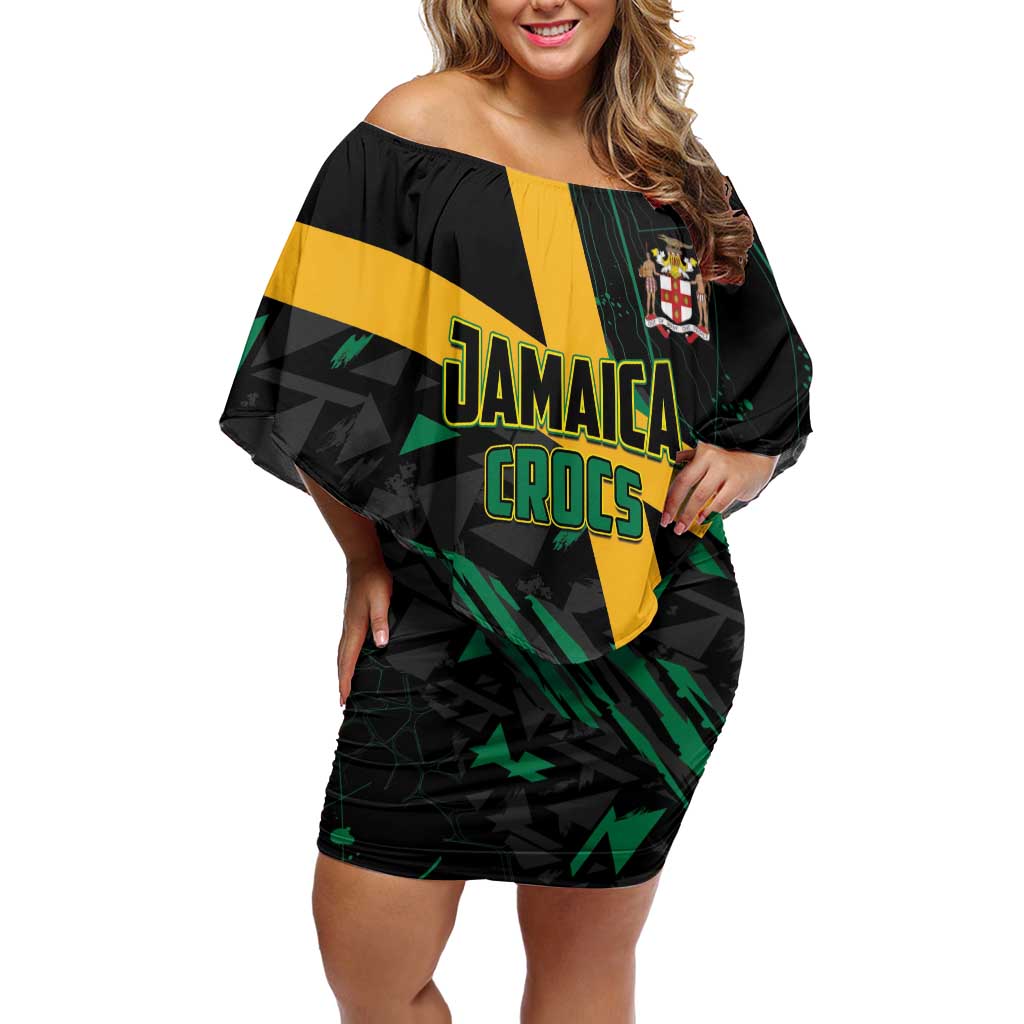 Custom Rugby Jamaica Crocs Off Shoulder Short Dress Cool Runnings on Grass - Wonder Print Shop