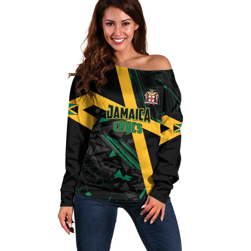 Custom Rugby Jamaica Crocs Off Shoulder Sweater Cool Runnings on Grass - Wonder Print Shop