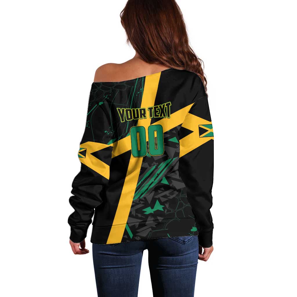 Custom Rugby Jamaica Crocs Off Shoulder Sweater Cool Runnings on Grass - Wonder Print Shop