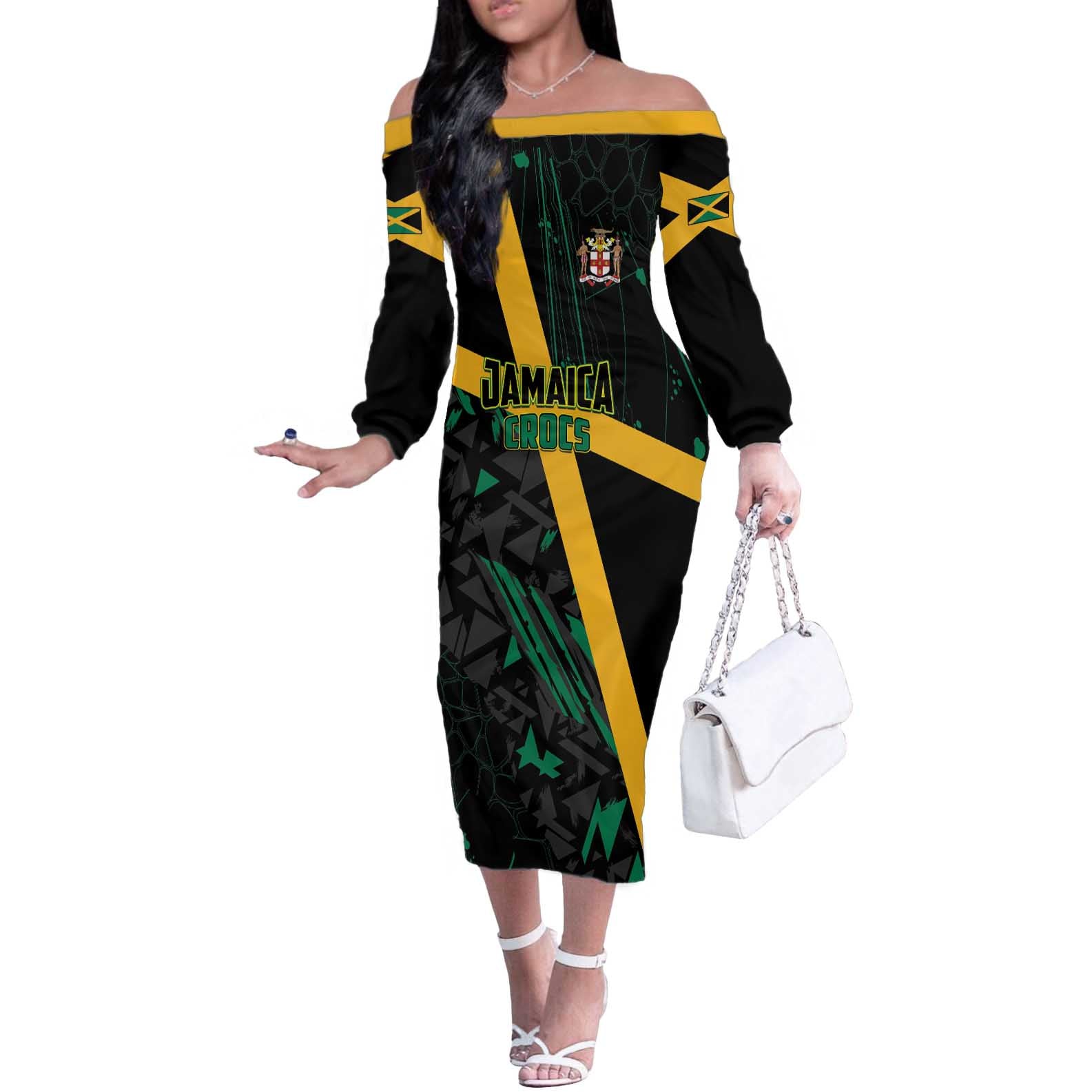 Custom Rugby Jamaica Crocs Off The Shoulder Long Sleeve Dress Cool Runnings on Grass - Wonder Print Shop