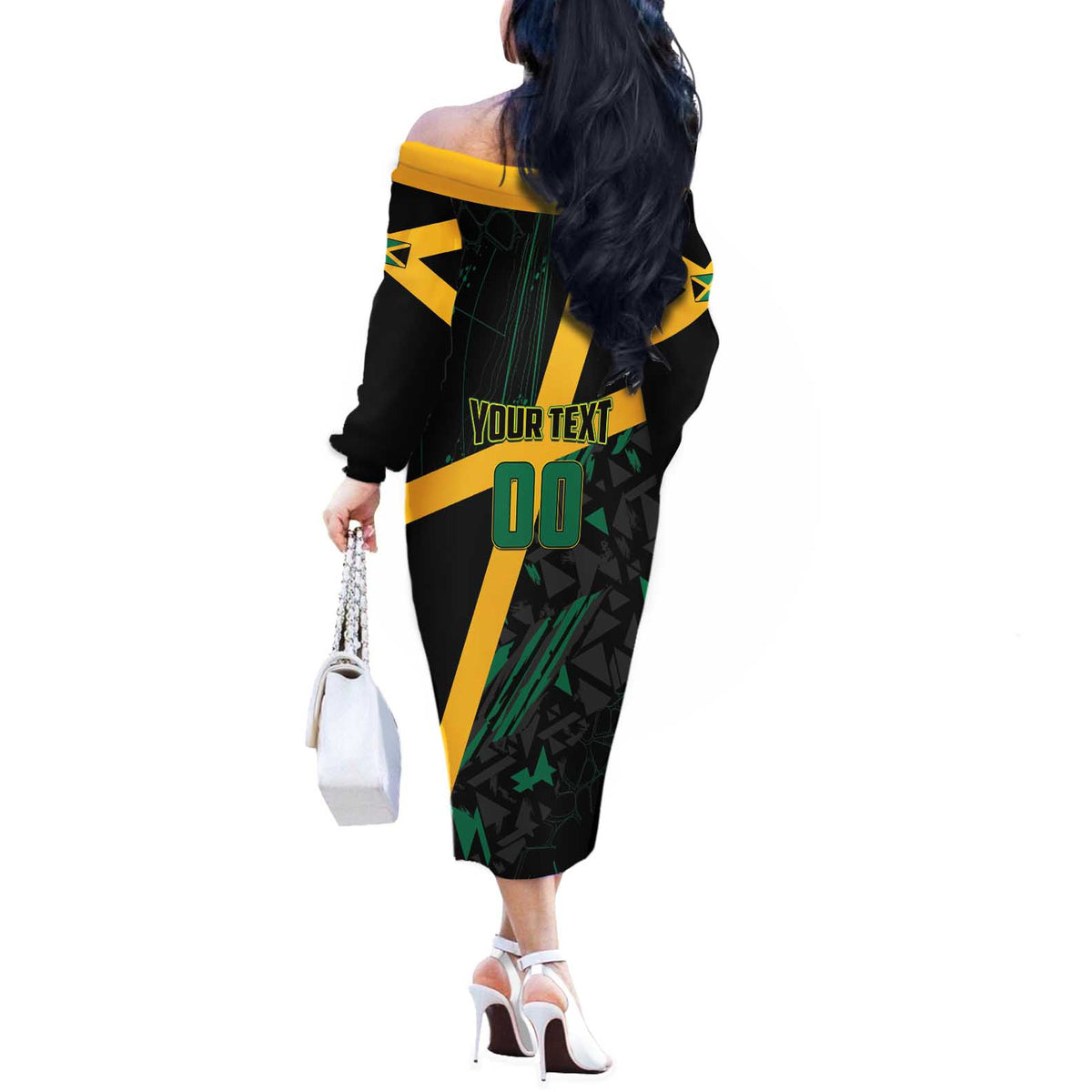 Custom Rugby Jamaica Crocs Off The Shoulder Long Sleeve Dress Cool Runnings on Grass - Wonder Print Shop