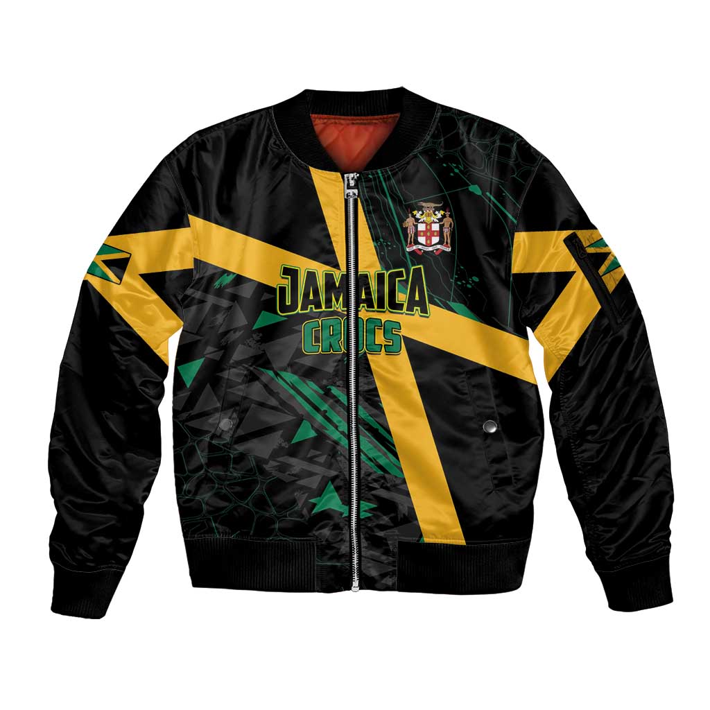 Custom Rugby Jamaica Crocs Sleeve Zip Bomber Jacket Cool Runnings on Grass - Wonder Print Shop