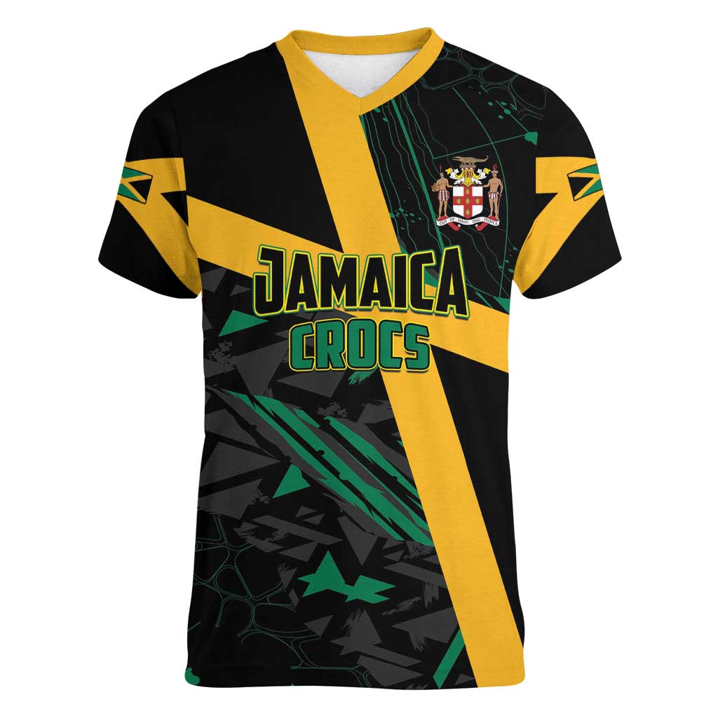 Custom Rugby Jamaica Crocs Women V-Neck T-Shirt Cool Runnings on Grass - Wonder Print Shop