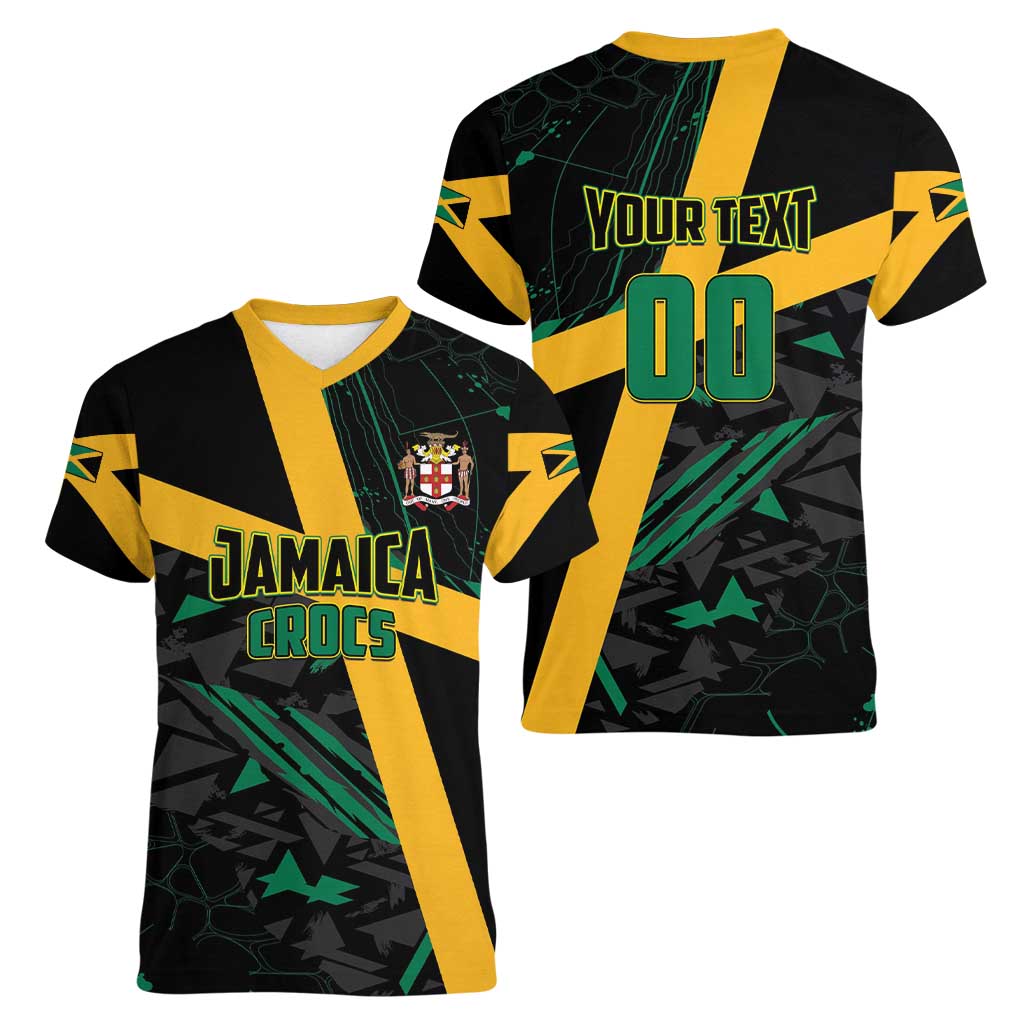 Custom Rugby Jamaica Crocs Women V-Neck T-Shirt Cool Runnings on Grass - Wonder Print Shop