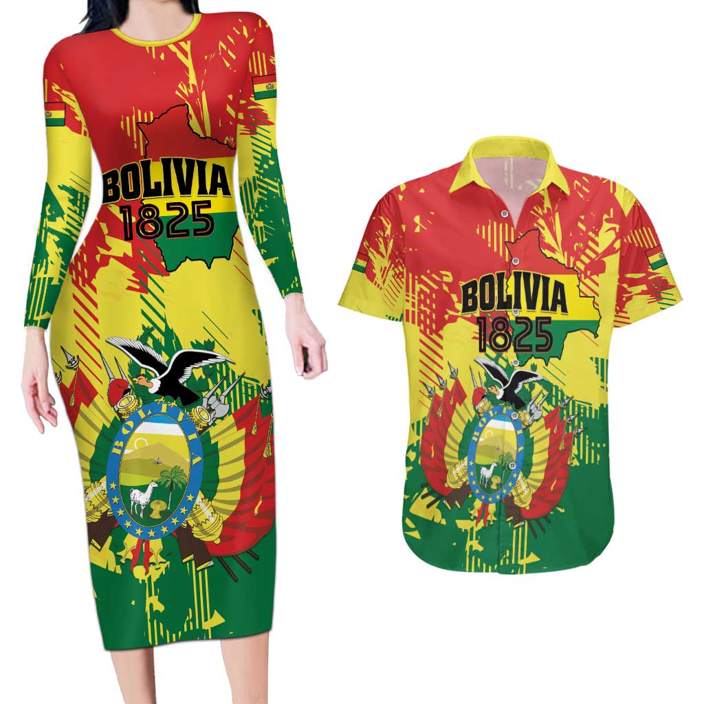 Personalized Bolivia 1825 Couples Matching Long Sleeve Bodycon Dress and Hawaiian Shirt Coat Of Arms Flag Colors - Wonder Print Shop