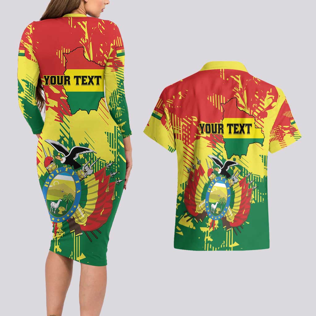 Personalized Bolivia 1825 Couples Matching Long Sleeve Bodycon Dress and Hawaiian Shirt Coat Of Arms Flag Colors - Wonder Print Shop
