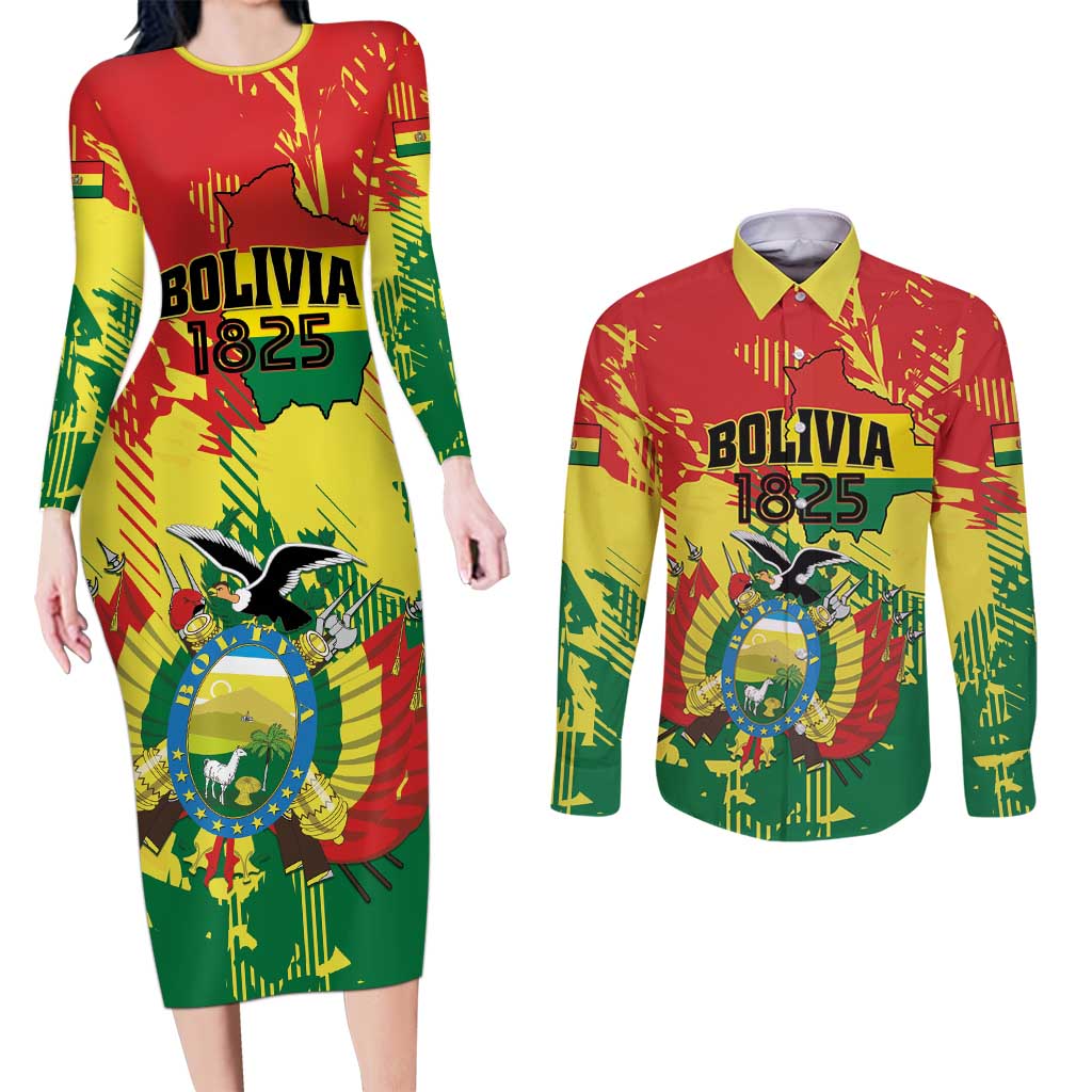 Personalized Bolivia 1825 Couples Matching Long Sleeve Bodycon Dress and Long Sleeve Button Shirt Coat Of Arms Flag Colors - Wonder Print Shop