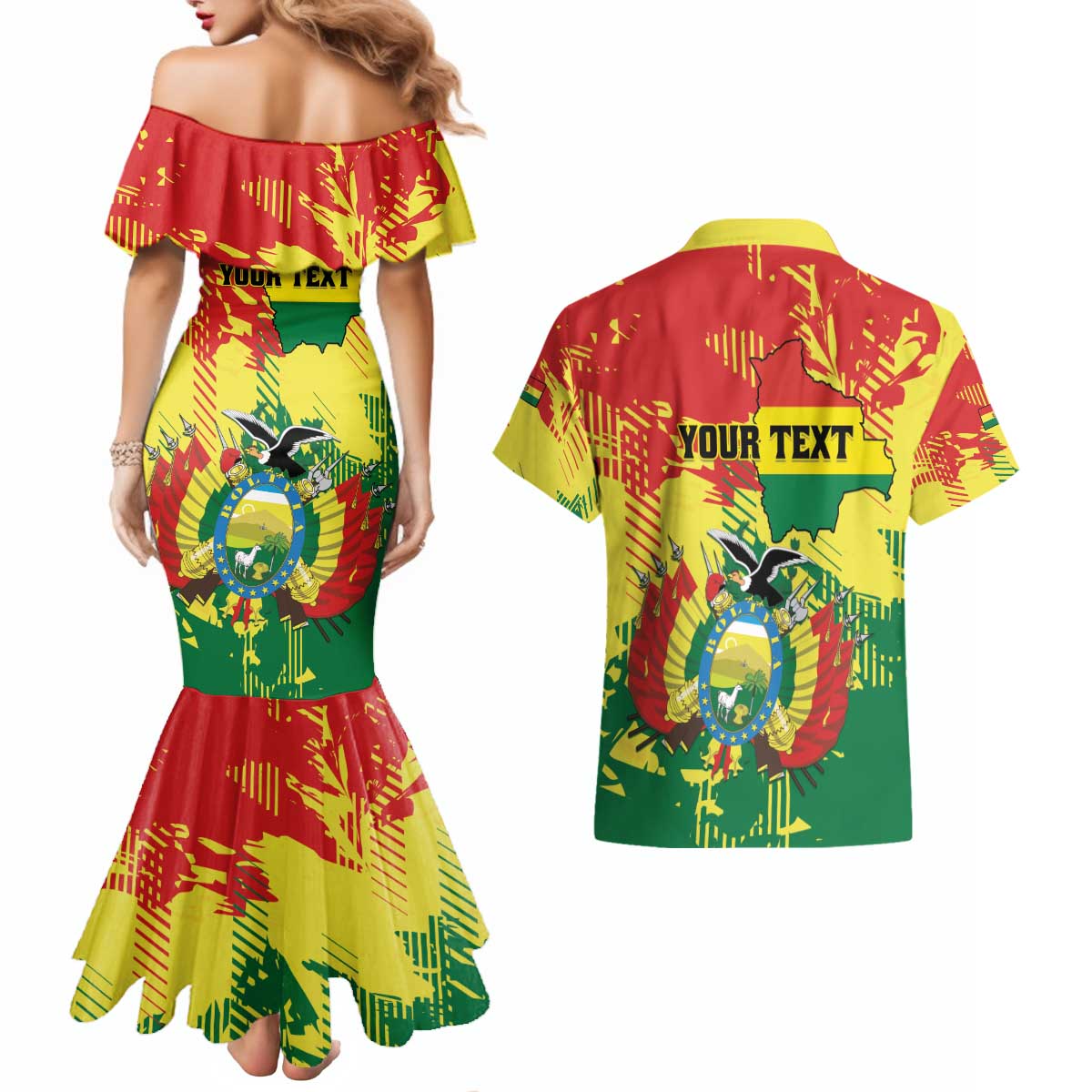 Personalized Bolivia 1825 Couples Matching Mermaid Dress and Hawaiian Shirt Coat Of Arms Flag Colors - Wonder Print Shop