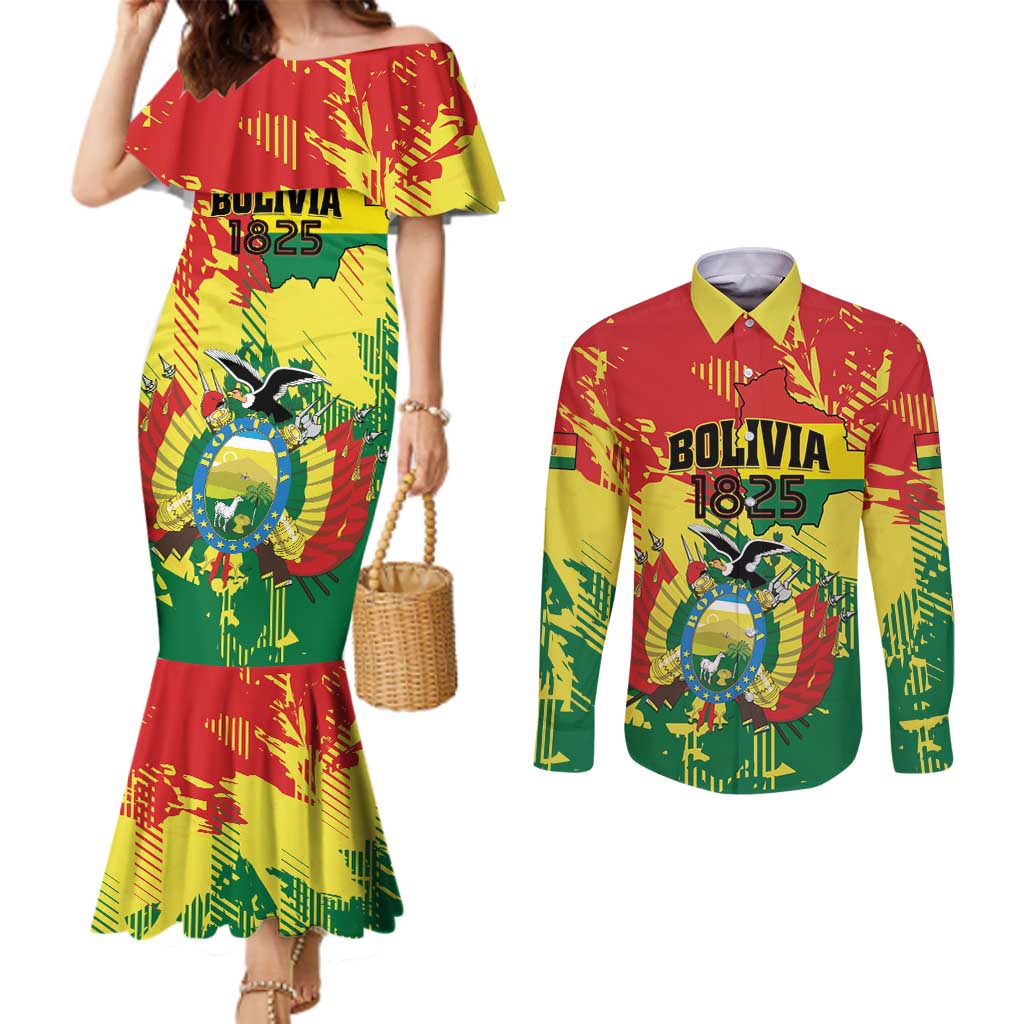 Personalized Bolivia 1825 Couples Matching Mermaid Dress and Long Sleeve Button Shirt Coat Of Arms Flag Colors - Wonder Print Shop
